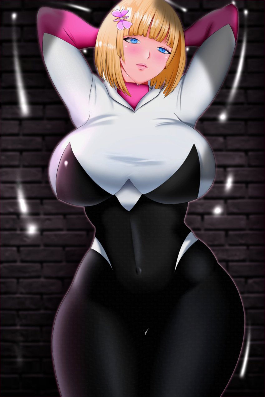 1girls big_breasts blonde_female blue_eyes breasts clothed clothing gwen_stacy hands_behind_head marvel marvel_comics spider-gwen superhero teenager theunreal thick_thighs