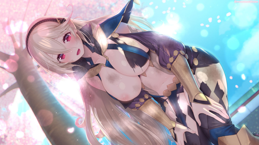 1girls alternate_costume bare_midriff bare_thighs blonde_hair bodystocking breasts breasts_out cherry_blossoms cleavage corrin_(fire_emblem) corrin_(fire_emblem)_(female) cosplay day dirty exposed_breasts female female_only fire_emblem fire_emblem_fates from_below hair_between_eyes hairband heavy_breathing inner_thighs kashiwamochi_yomogi large_breasts long_hair looking_at_viewer looking_down midriff nintendo nipples nyx_(fire_emblem)_(cosplay) one_breast_out open_mouth outdoors panties pantyshot pantyshot_(standing) pelvic_curtain petals pointy_ears purple_panties red_eyes smile solo steaming_body sweat sweaty thighhighs thighs torn_clothes tree underboob underwear upskirt