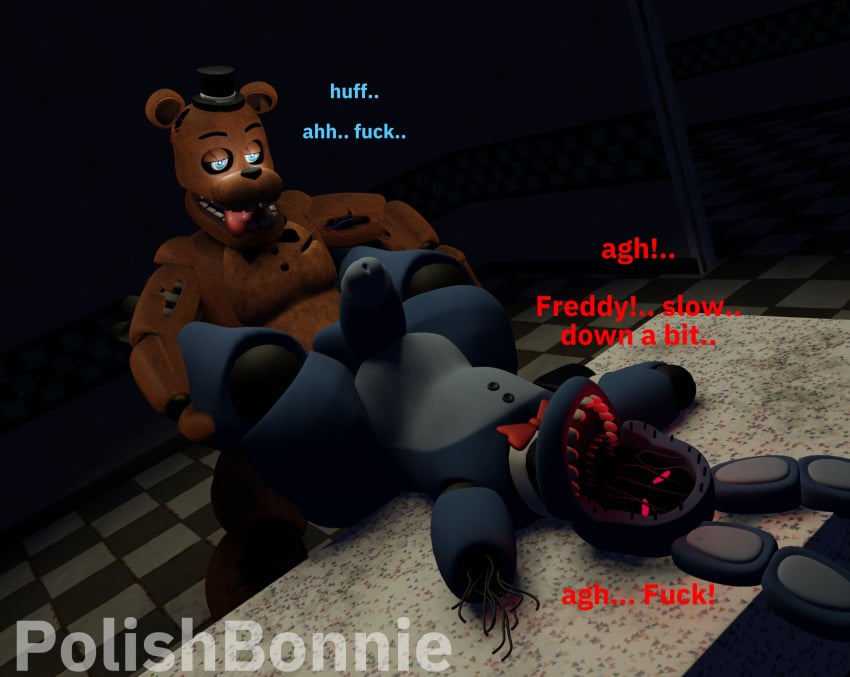 2boys anthro ass balls bear dialogue english_text erection five_nights_at_freddy's five_nights_at_freddy's_2 fnaf gay hi_res humanoid living_machine looking_pleasured male male/male male_only penis polishbonnie rabbit red_eyes robot sex text withered_bonnie withered_freddy