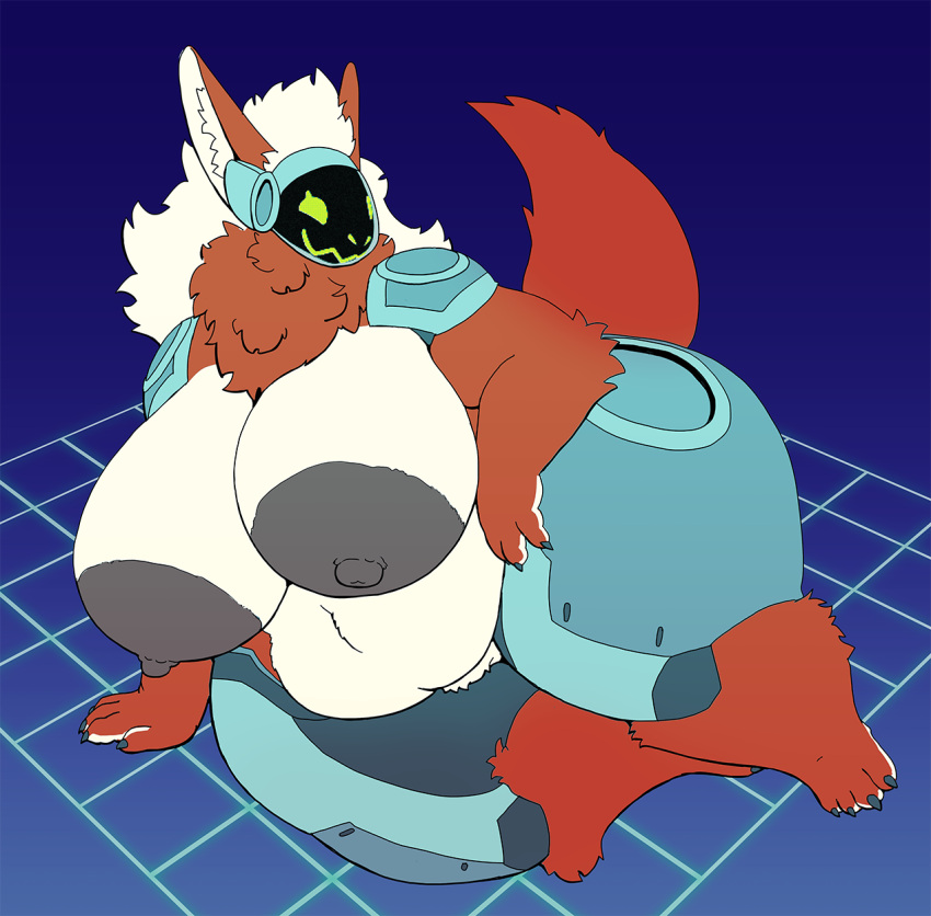 anthro areola belly big_areola big_breasts big_nipples breasts female fluffy fluffy_tail fur hi_res huge_breasts hyper hyper_breasts machine mammal mane navel nipples nude obese orange_body orange_fur overweight overweight_female protogen protogen_visor solo tail thick_thighs vdisco white_mane wide_hips