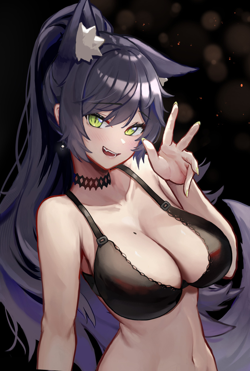 1girls alternate_version_available animal_ears animal_tail armpit_crease belly belly_button big_breasts black_background black_bra bra breasts cleavage cleavage_overflow collar collarbone earrings eyebrows eyebrows_visible_through_hair eyelashes female female_only fox_ears fox_girl fox_tail gesture green_eyes hi_res highres lace-trimmed_bra large_breasts looking_at_viewer meridian_project mole mole_on_breast navel ouka_rara_(oukafafafa) painted_nails seki_(vtuber) shaded simple_background smile smiling smiling_at_viewer underwear underwear_only upper_body virtual_youtuber