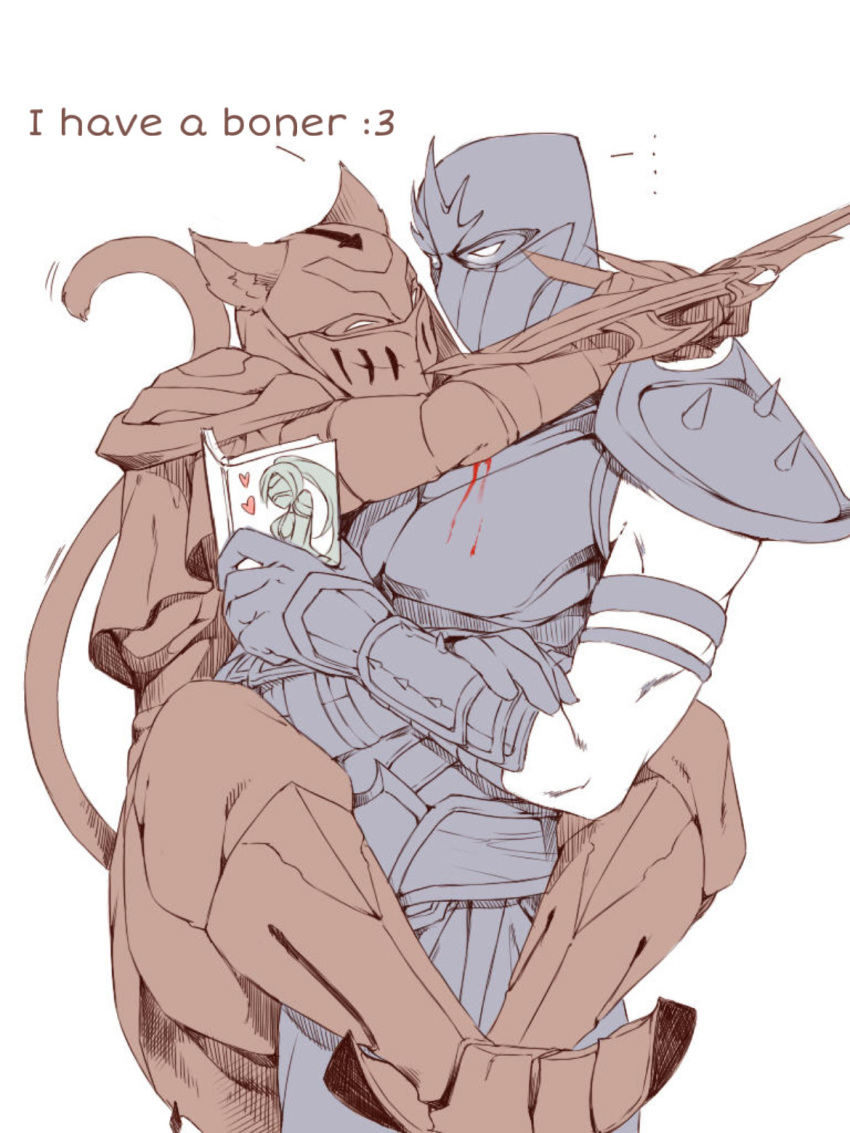 boner bulge cat_ears catboy couple couple_(romantic) couple_love cute gay hug hugging humping knight league_of_legends league_of_legends:_wild_rift leglock legs_around_partner legs_around_waist male male/male male_only piggyback shen squeeze squeezing uniform zed