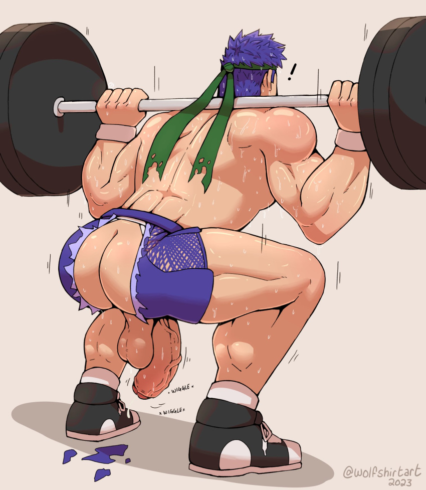 back_muscles back_view blue_hair deadlift fire_emblem fire_emblem:_path_of_radiance fire_emblem:_radiant_dawn flaccid gay hanging_penis headband ike_(fire_emblem) male male_only muscular_male muscular_thighs ripped_clothing ripped_shorts shirtless solo squat squatting veiny_penis wolfshirtart working_out