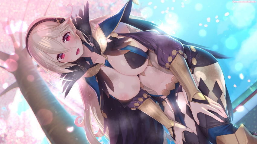 1girls alternate_costume bare_midriff bare_thighs blonde_hair bodystocking breasts breasts_out cape cherry_blossoms cleavage corrin_(fire_emblem) corrin_(fire_emblem)_(female) cosplay day dirty exposed_breasts female female_only fire_emblem fire_emblem_fates from_below hair_between_eyes hairband heavy_breathing inner_thighs kashiwamochi_yomogi large_breasts long_hair looking_at_viewer looking_down midriff nintendo nipples nyx_(fire_emblem)_(cosplay) one_breast_out open_mouth outdoors panties pantyshot pantyshot_(standing) pelvic_curtain petals pointy_ears purple_panties red_eyes smile solo steaming_body sweat sweaty thighhighs thighs torn_clothes tree underboob underwear upskirt