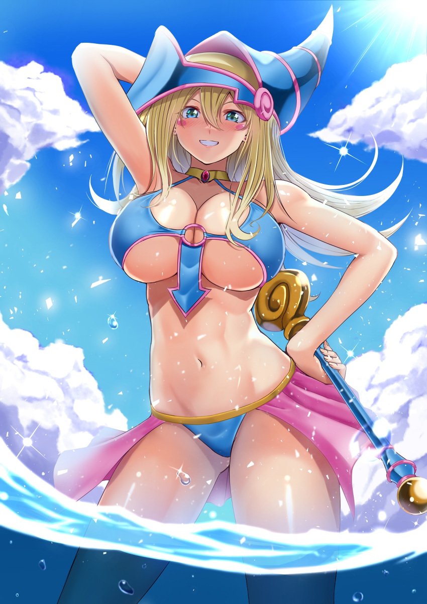 beach big_breasts bikini black_magician_girl breasts dark_magician_girl looking_at_viewer magic_hat magic_staff muto_dt water yu-gi-oh! yu-gi-oh!_duel_monsters