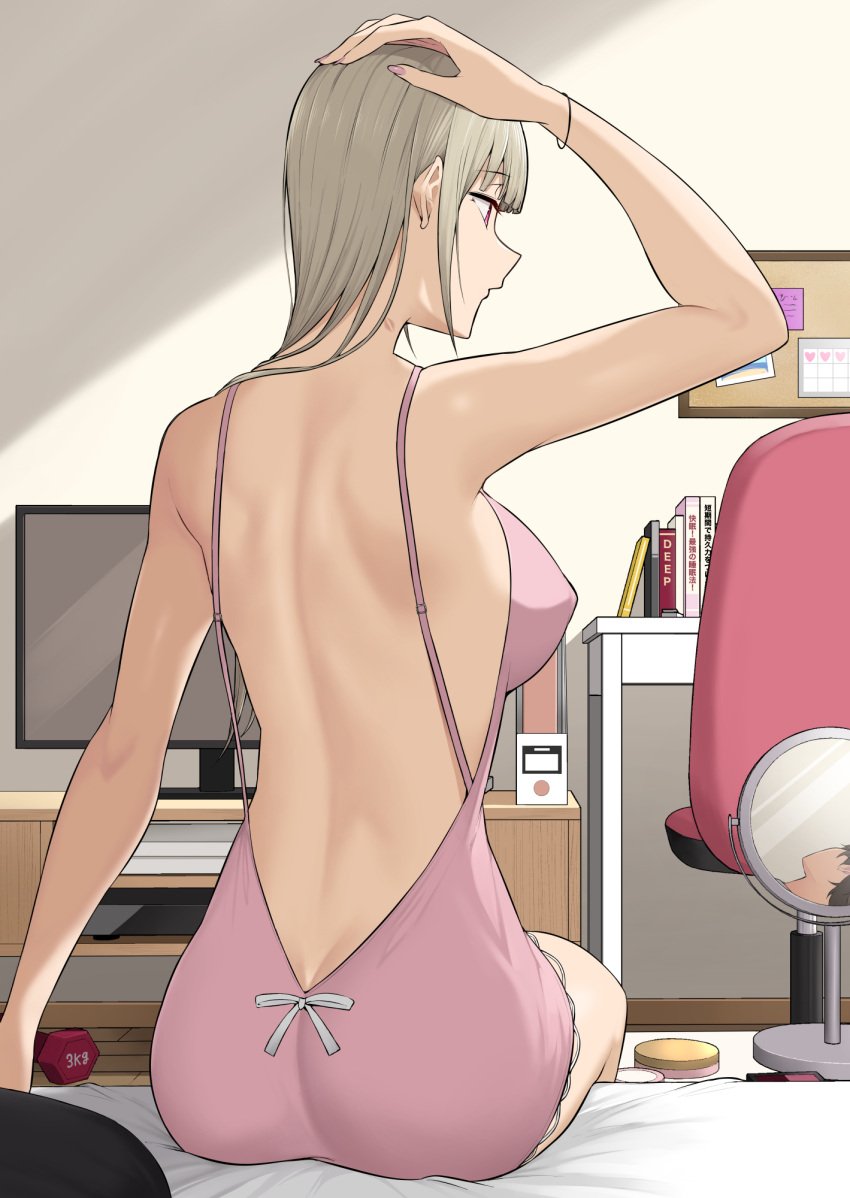 1boy 1girls 2022 absurd_res back backless_dress backless_outfit bare_arms bare_shoulders bed bed_sheet bedroom book bracelet breasts brown_hair chair clothing dress female female_focus gyaru hickey highres hime_cut imaizumi_(imaizumin-chi) imaizumin-chi_wa_douyara_gal_no_tamariba_ni_natteru_rashii indoors kurumizaka_ruri large_breasts lipstick_mark long_hair male mirror nori_gorou offscreen_character on_bed pink_dress pink_eyes reflection short_dress sideboob sitting solo_focus television weights