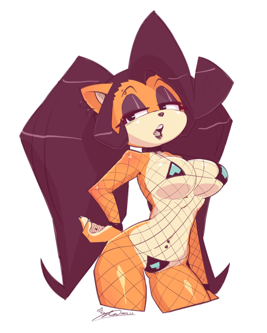 anthro armpits bikini black_hair coco_bandicoot countershading crash_(series) crash_bandicoot_(series) fishnets goth lipstick micro_bikini orange_fur pinup twintails vixycore