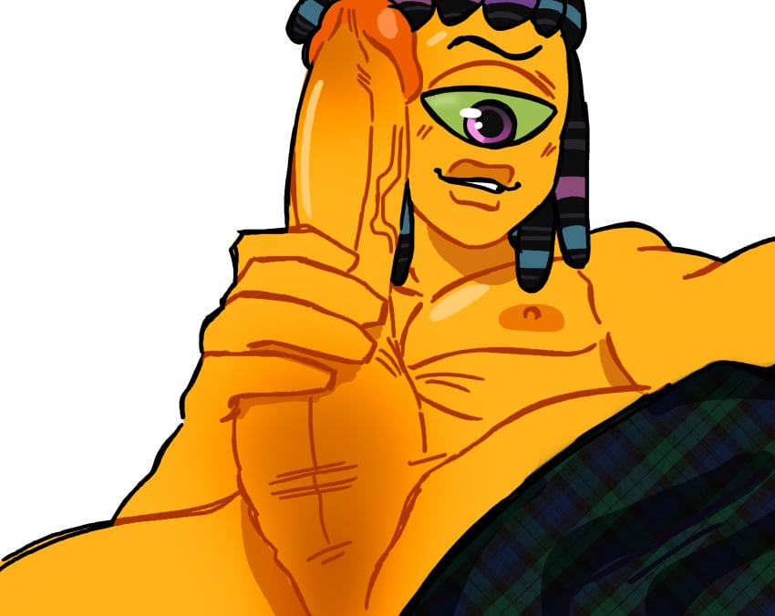 1boy darrkstarr gay holding_penis long_hair male male_only murch nipples one_eye pecs penis sea_urchin selfie smirk splatoon splatoon_3 underwear yaoi