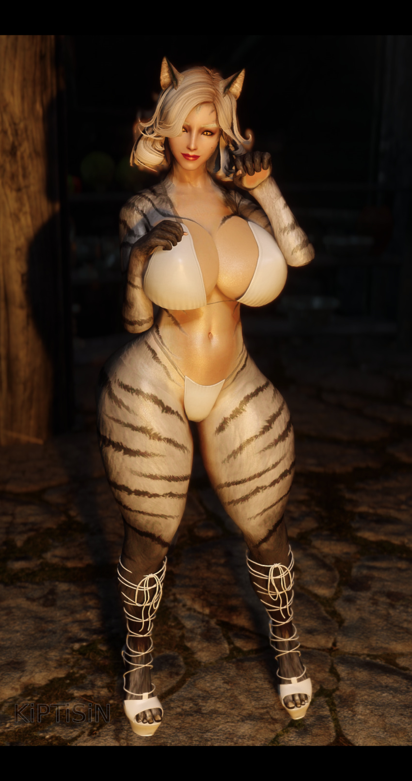 1girls 3d bikini cat_ears cat_girl cat_tail catgirl clothing full_body furry hi_res high_heels high_resolution highres kiptisin looking_at_viewer pose red_lipstick self_upload skyrim the_elder_scrolls thick thick_ass thick_hips thick_legs thick_thighs white_bikini white_body white_hair white_skin wide_hips wide_thighs yellow_eyes