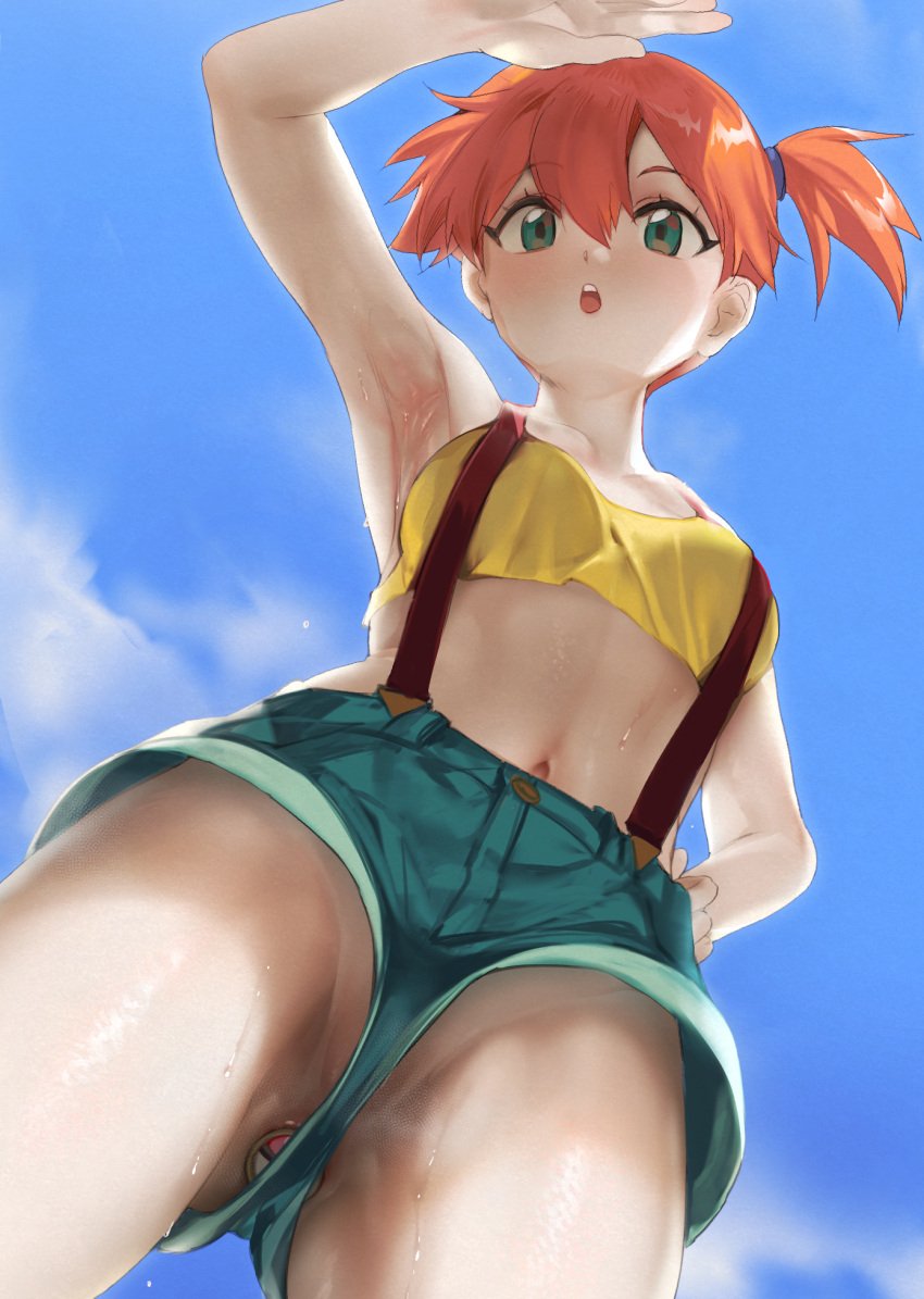 1girls :o armpits breasts buttplug cloud day eyelashes female female_only from_below green_eyes green_shorts hair_between_eyes hand_on_own_hip highres himerin kasumi_(pokemon) midriff navel no_panties open_mouth orange_hair outdoors pokemon pokemon_(anime) pokemon_(classic_anime) pussy pussy_peek sex_toy shirt shorts side_ponytail sky sleeveless sleeveless_shirt solo suspenders sweat teeth tongue upper_teeth_only yellow_shirt