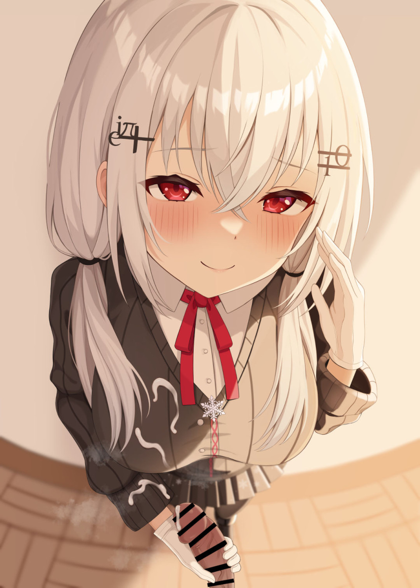 1boy 1girls big_breasts blush clothed clothing cum cum_on_clothes gloved_handjob hair_ornament hakase_fuyuki handjob indoors large_breasts light-skinned_female light-skinned_male light_skin nijisanji red_eyes small_penis virtual_youtuber white_gloves white_hair yukamikayu