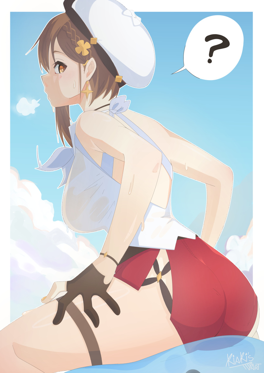 ? amber_eyes ass atelier_(series) atelier_ryza bare_arms bare_shoulders big_ass blue_background blush bracelet braided_hair brown_gloves brown_hair exhaling female from_behind gloves hair_ornament hands_on_thighs hat highres jewelry kiakisart looking_at_viewer looking_back no_sex outdoors painted_nails pale-skinned_female pale_skin parted_lips red_shorts reisalin_stout see-through_clothing short_hair short_shorts shorts single_glove sitting slime slime_monster solo speech_bubble steam sweat sweatdrop sweaty sweaty_body thigh_strap thighs wet_clothes wet_clothing white_headwear