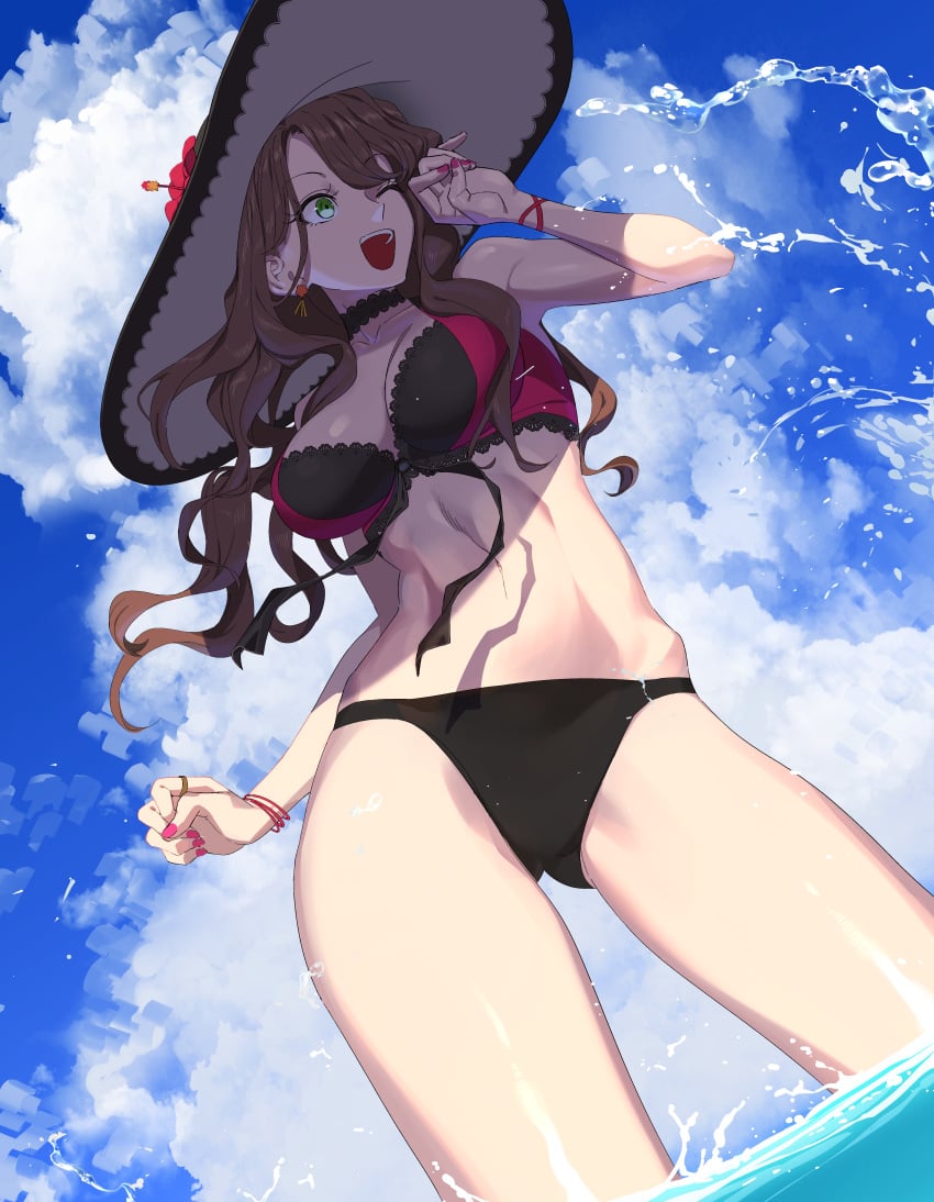 1girls absurdres alternate_costume ass_visible_through_thighs bracelet breasts brown_hair cleavage cloud cloudy_sky commission dorothea_arnault dorothea_arnault_(summer) earrings female female_only fire_emblem fire_emblem:_three_houses fire_emblem_heroes flower green_eyes hat hat_flower highres jewelry large_breasts long_hair midriff nail_polish nintendo official_alternate_costume open_mouth rasupekuto skeb_commission sky solo swimsuit thighs water