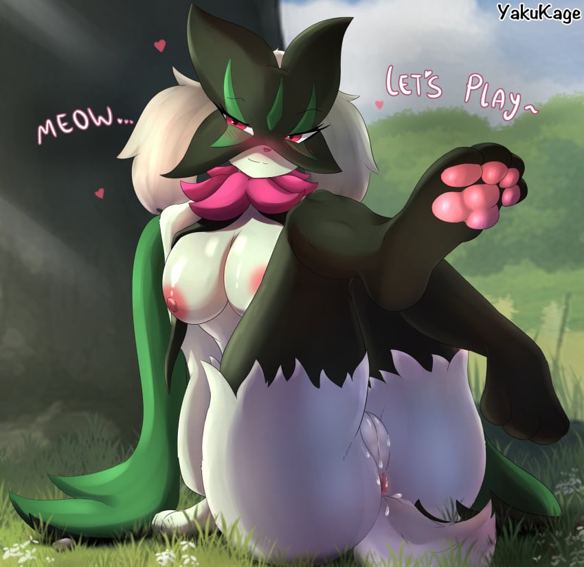 anthro anus breasts detailed_background emoji female forest forest_background fur generation_9_pokemon genitals green_body green_fur hi_res mask meowscarada nature nature_background nintendo nipples nude paws petals plant pokemon pokemon_(species) pokemon_sv pussy solo text tree yakukage