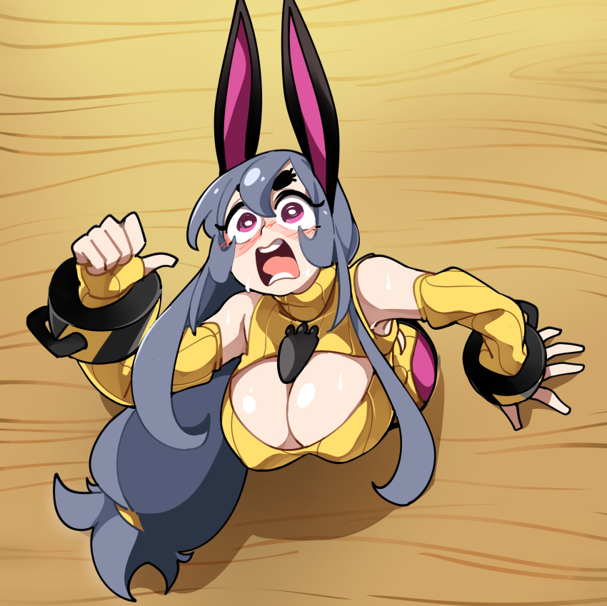 1girls absurd_res armwear big_breasts black_eyebrows blush bongfillstudent bunny_ears bunny_girl bunny_industry_(bongfillstudent) cleavage cuff_(restraint) female female_only funny_face grey_hair leotard long_hair purple_eyes screaming solo stuck stuck_in_wall tank_bunny_(bongfillstudent) thick_eyebrows wide_eyed wrist_cuffs