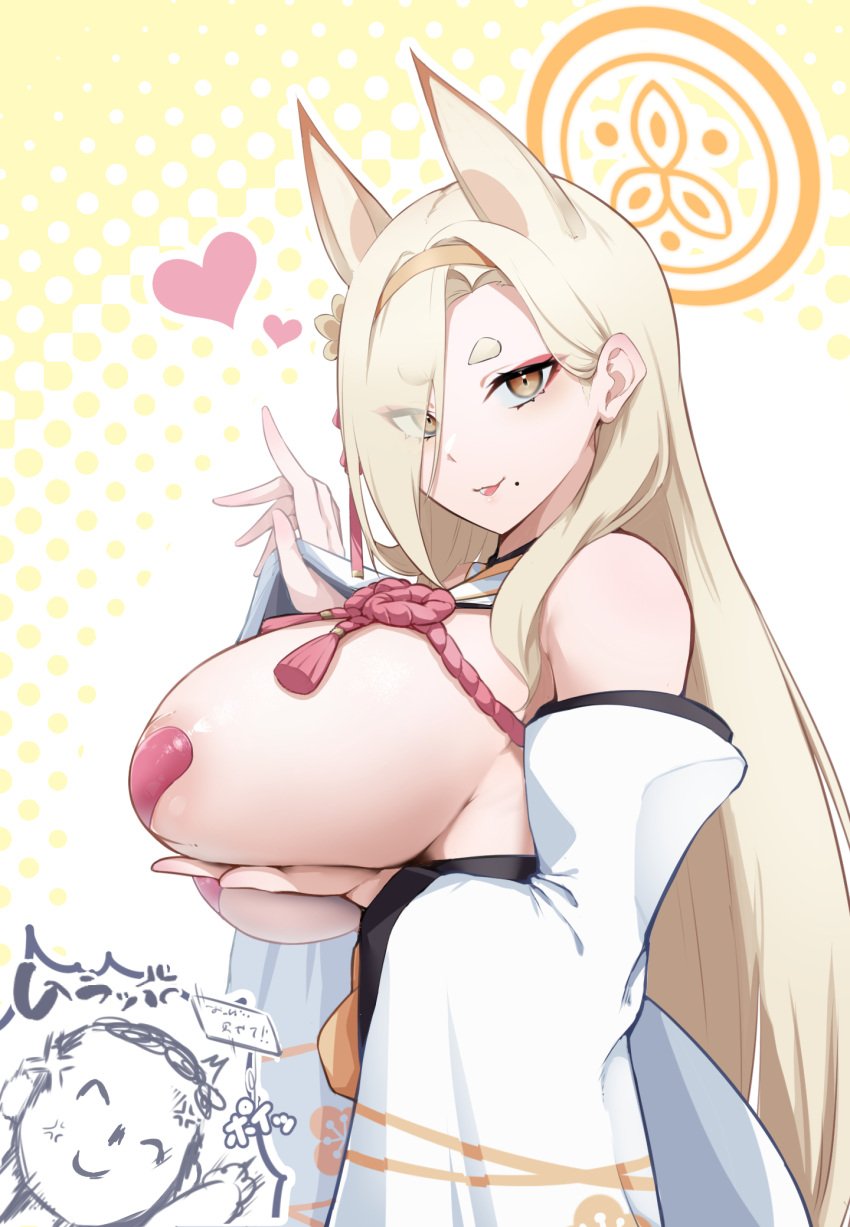 1boy 1girls 2023 allied_hyakkiyako_academy_student alternate_version_available animal_ears areola_slip blonde_hair blue_archive breast_lift breasts breasts_out detached_sleeves doodle_sensei_(blue_archive) enryuu_(rmxs3488) eyes_visible_through_hair from_side hair_over_one_eye hairband halftone halftone_background halo heart heart_pasties highres huge_breasts japanese_clothes juliet_sleeves kaho_(blue_archive) kimono lips long_hair long_sleeves looking_at_viewer mole mole_under_mouth orange_hairband orange_halo pasties puffy_sleeves red_eyeliner sensei_(blue_archive) sideboob smile smirk thick_eyebrows white_kimono white_sleeves yellow_background yellow_eyes yin-yang_club_(blue_archive)