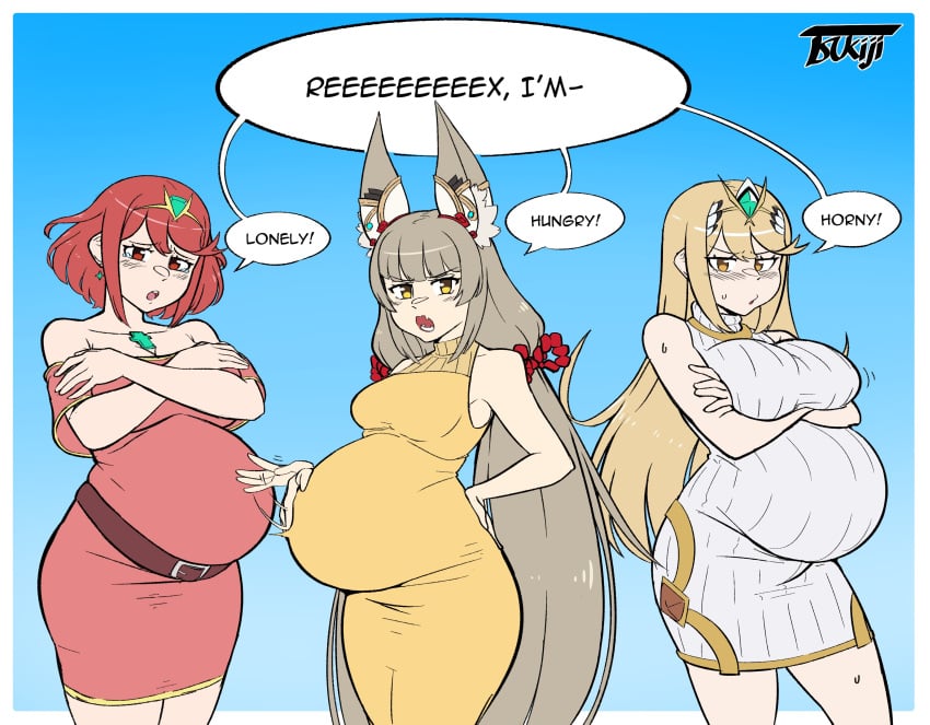 3girls big_belly blonde_hair blush canon_polyamory canon_pregnancy cat_ears clothed dialogue english_text female female_only green_hair harem large_breasts long_hair looking_at_viewer medium_breasts mythra nia nia_(blade) nintendo pregnancy_cravings pregnant pregnant_female pyra red_hair rex_(xenoblade) short_hair text text_bubble tsukiji xenoblade_(series) xenoblade_chronicles_2