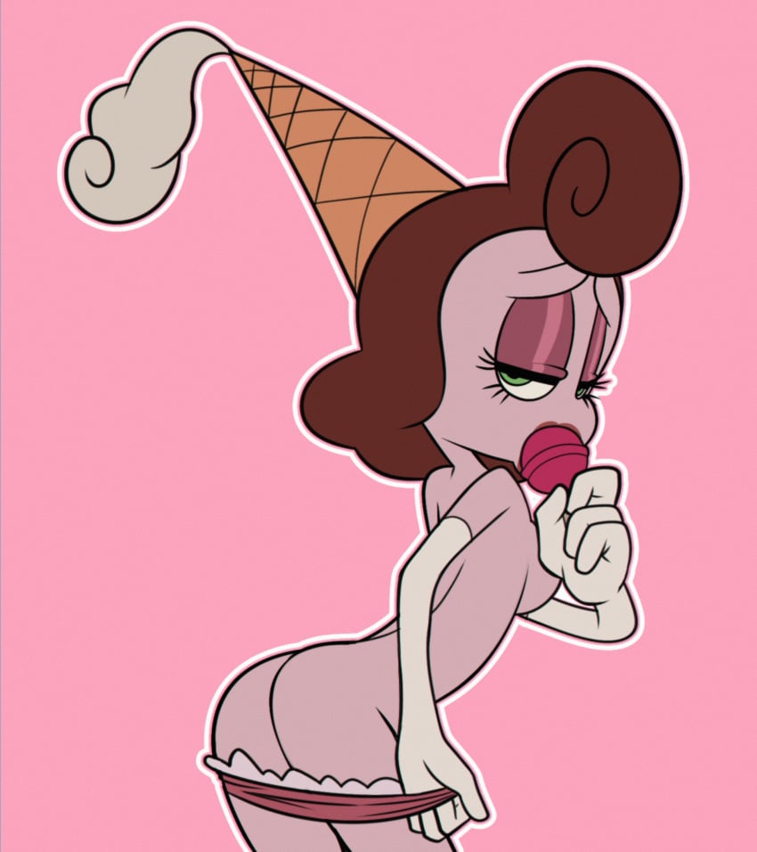 arm_gloves ass baroness_von_bon_bon candy cuphead_(game) eyeshadow female green_eyes lollipop monamania panties pink_skin seductive_look solo_female the_cuphead_show