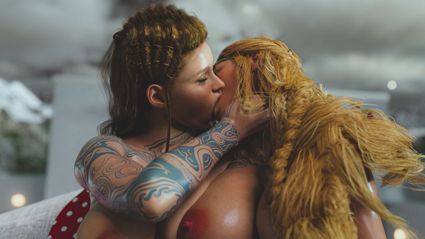 2girls 3d 3d_(artwork) aesir_(norse_mythology) blonde_hair blue_eyes braid braided_hair bryn brynhildr93 deep_kissing female female_only god_of_war god_of_war_ragnarok goddess kissing long_hair milf mother mythology norse_mythology santa_monica_studio sif_(god_of_war) sony_corporation sony_interactive_entertainment tattoo tattooed_arm tattoos yuri