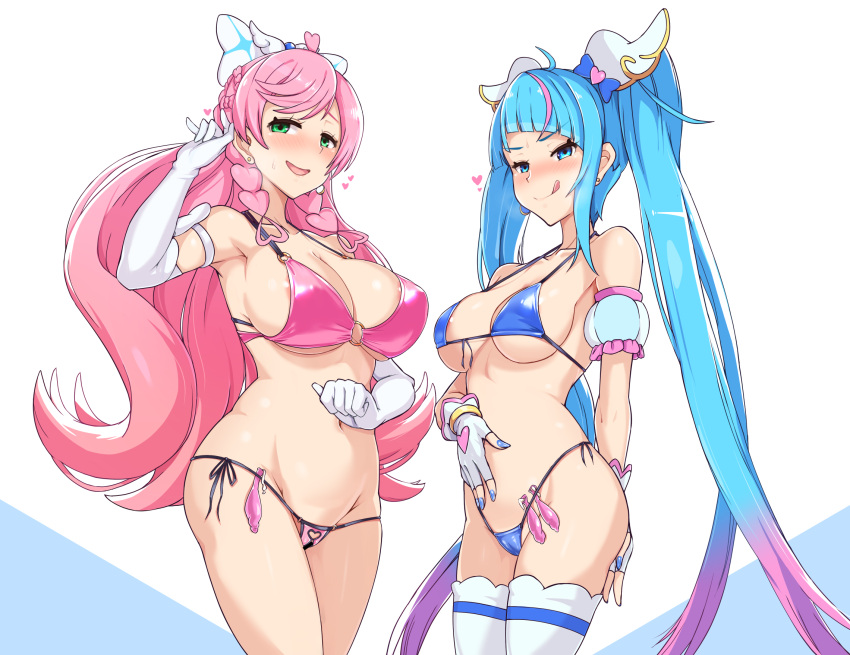 2girls bar_censor bikini blue_bikini blue_eyes blue_hair bow breasts censored closed_mouth condom condom_belt crotchless crotchless_swimsuit cure_prism cure_sky elbow_gloves female female_only gloves gradient_hair green_eyes hair_ornament heart highres hirogaru_sky!_precure large_breasts licking_lips long_hair magical_girl medium_breasts multicolored_hair multiple_girls nijigaoka_mashiro open_mouth pink_bikini pink_hair precure pretty_cure pussy smile sora_harewataru stockings streaked_hair swimsuit tongue tongue_out twintails twogie very_long_hair white_gloves