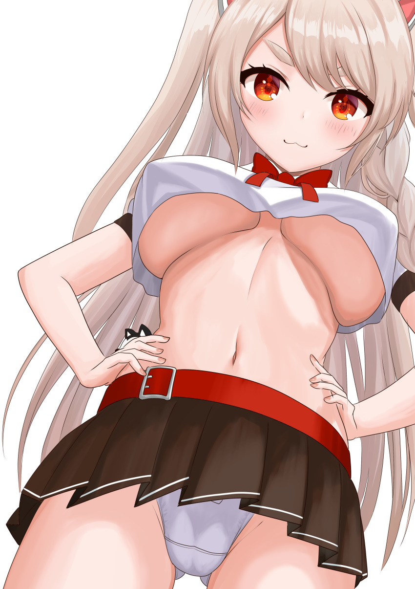 :3 azur_lane belt blonde_hair blush braid breasts clothing crop_top eyebrows female female_only hands_on_hips high_resolution large_breasts large_filesize long_hair microskirt midriff navel no_bra onabe_no_shime panchira panchira_(standing) pantsu platinum_blonde_hair red_eyes side_braid simple_background skirt smile solo standing tied_hair underboob underwear v-shaped_eyebrows very_high_resolution very_long_hair viewed_from_below white_background white_panties white_underwear yuudachi_(azur_lane)