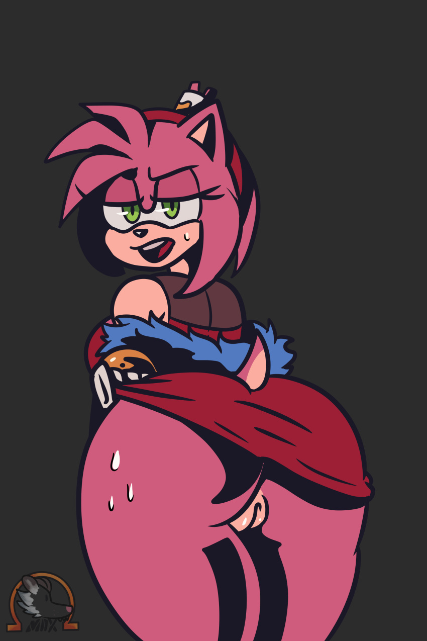 absurd_res amy_rose anthro ass bottomless bottomless_dress eulipotyphlan female fur genitals green_eyes hedgehog hi_res mammal mobian_hedgehog mooning omegamax pink_body pink_fur pussy sega solo sonic_(series) sonic_the_hedgehog_(series) the_murder_of_sonic_the_hedgehog