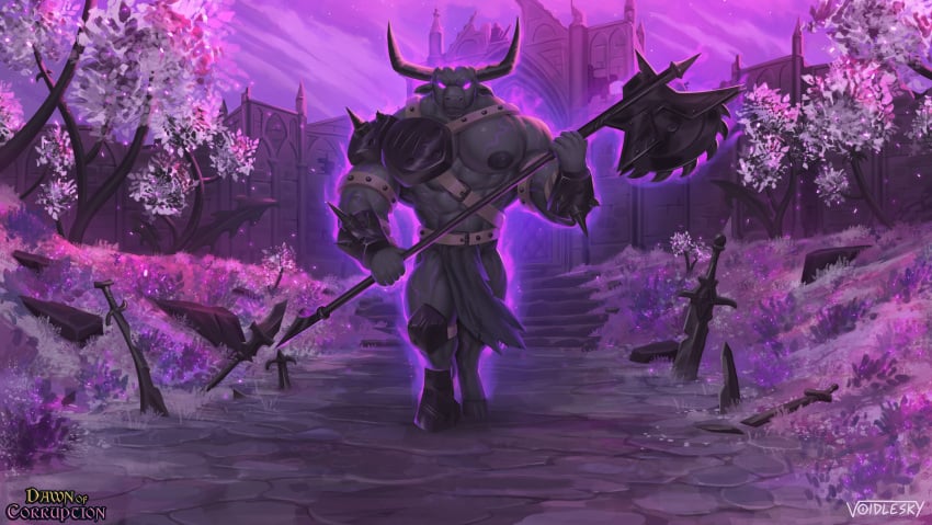 absurd_res armor black_body bottomwear bovid bovine cattle clothing corruption dawn_of_corruption glowing glowing_eyes hi_res holding_axe hooves horn loincloth male mammal nipples purple_background purple_eyes simple_background voidlesky