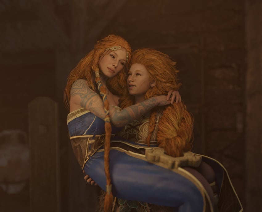 2girls 3d 3d_(artwork) aesir_(norse_mythology) blonde_hair blue_eyes braid braided_hair female female_only god_of_war god_of_war_ragnarok goddess long_hair milf mother mother_and_daughter mythology norse_mythology poseidonx santa_monica_studio sif_(god_of_war) sony_corporation sony_interactive_entertainment tattoo tattooed_arm tattoos thrud_(god_of_war)