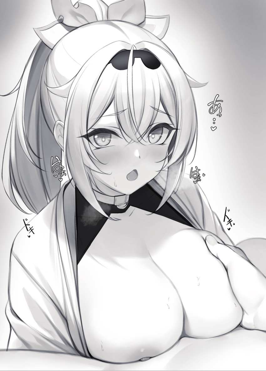 1boy absurdres alternate_breast_size breasts collarbone female greyscale hair_between_eyes hanpenmaru highres hololive hololive_japan holox kazama_iroha large_breasts looking_at_viewer monochrome nipples open_mouth paizuri ponytail short_hair solo_focus straight sweat virtual_youtuber