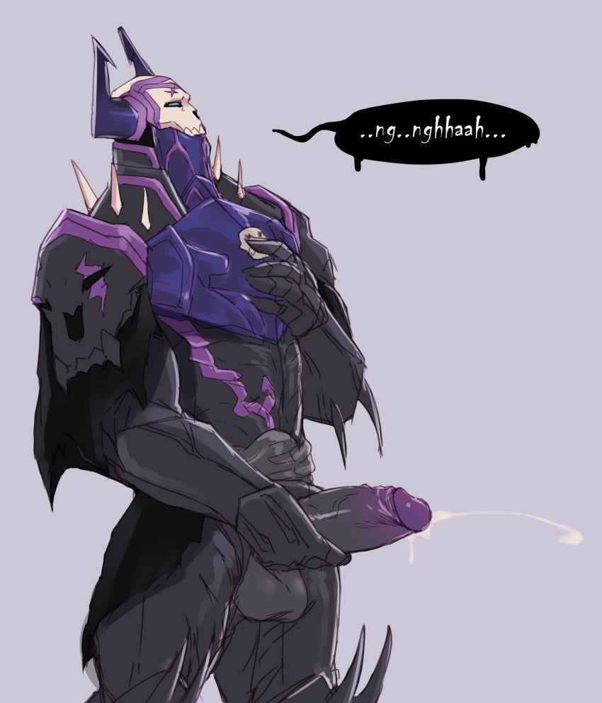 1boy 2020 absurd_res armor balls black_penis bone boner ejaculation erection genitals ghangaji glans hand_on_penis hi_res humanoid humanoid_genitalia king_hassan male male_only masturbation nightmare_husbando penis purple_glans simple_background skull solo