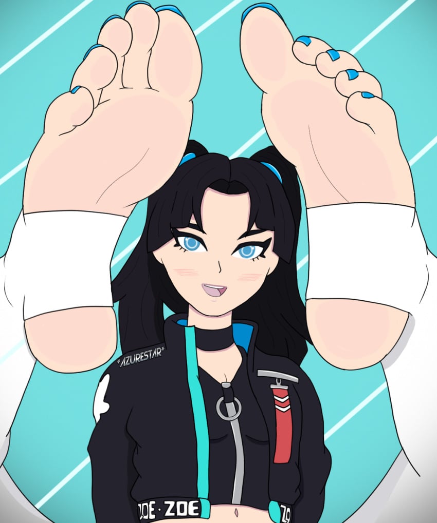 azurestar barefoot belly_button black_hair blue_eyes blue_nail_polish blue_nails blush cleavage clothing crop_top epic_games feet feet_blush feet_together feet_up female female_only foot_fetish foot_focus fortnite fortnite:_battle_royale jacket legs legs_up legwear mouth_open nail_polish no_shoes pale_skin ponytail smile stirrup_legwear stirrup_socks stomach toe_curl toeless_legwear toenail_polish toenails toes zoe_clash_(fortnite)