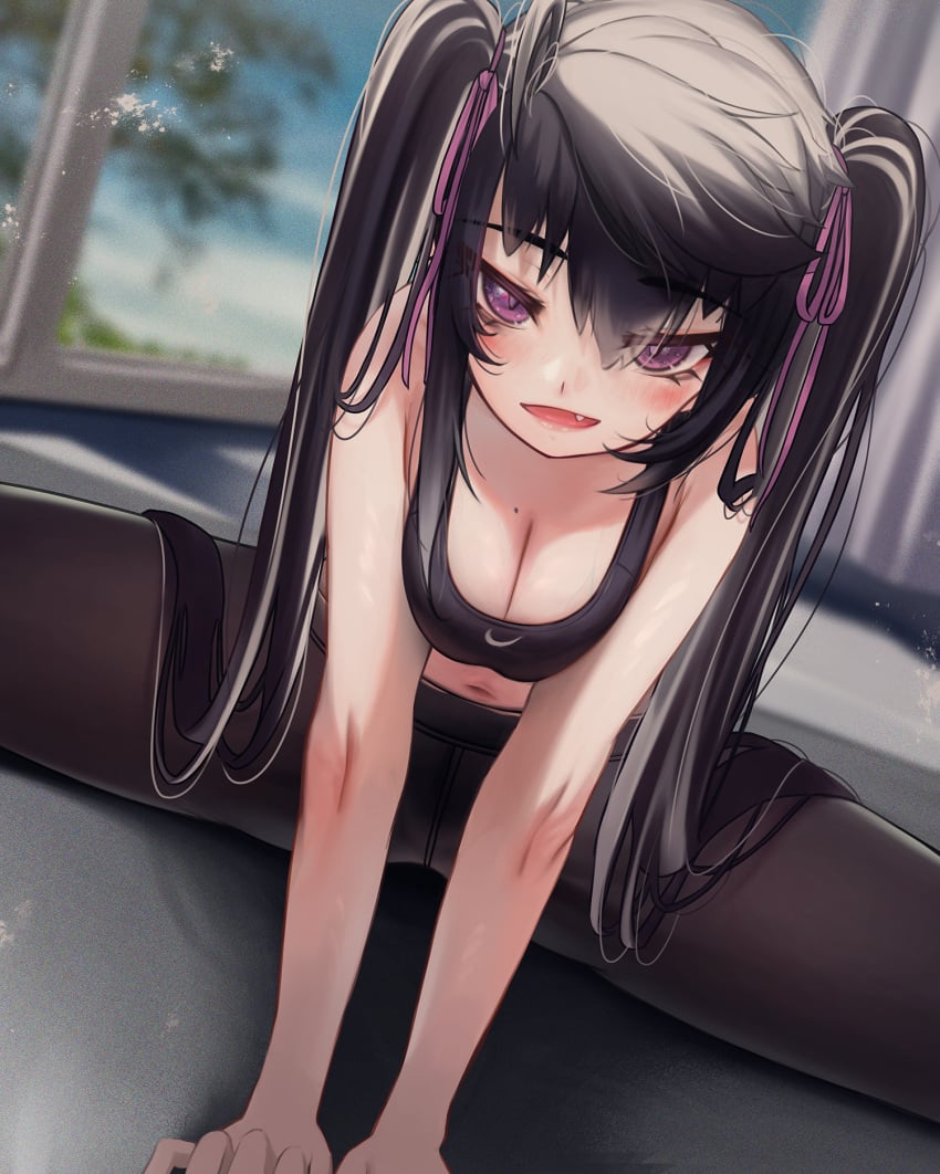 1girls bangs black_hair blush booty_shorts breasts cleavage cute_fang eyebrows_visible_through_hair female flexible hi_res light-skinned_female light_skin long_hair medium_breasts original original_character petite petite_body priite_hari_(torriet) purple_eyes short_shorts shorts smile smug splits sports_bra sportswear spread_legs thighs tights torriet twintails