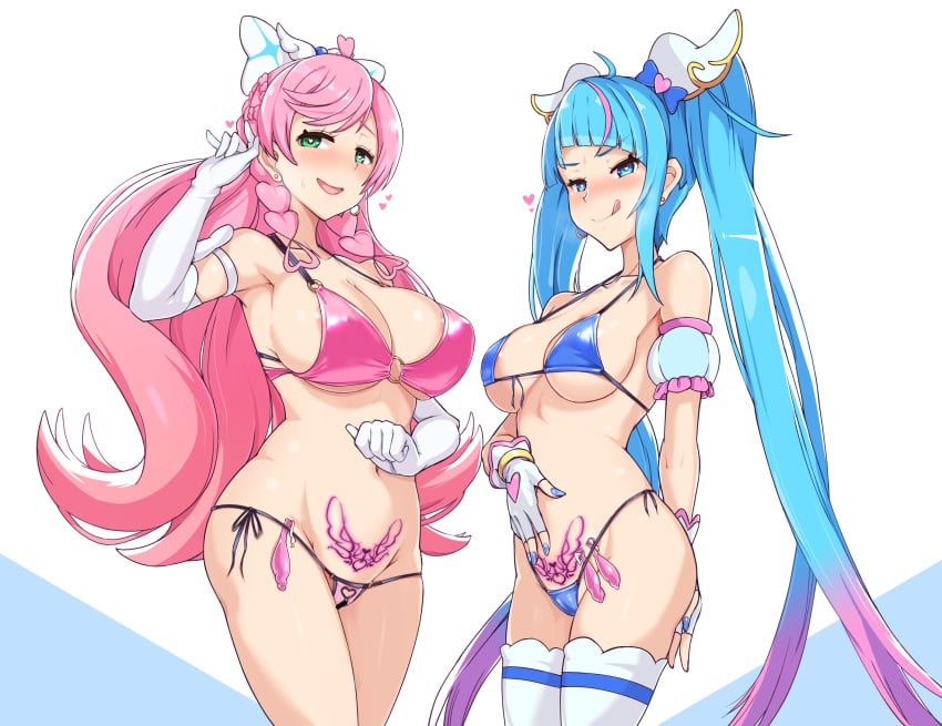 2girls bar_censor bikini blue_bikini blue_eyes blue_hair bow breasts censored closed_mouth condom condom_belt crotchless crotchless_swimsuit cure_prism cure_sky elbow_gloves female female_only gloves gradient_hair green_eyes hair_ornament heart heart-shaped_pupils highres hirogaru_sky!_precure large_breasts licking_lips long_hair magical_girl medium_breasts multicolored_hair multiple_girls nijigaoka_mashiro open_mouth pink_bikini pink_hair precure pretty_cure pubic_tattoo pussy smile sora_harewataru stockings streaked_hair swimsuit symbol-shaped_pupils tattoo tongue tongue_out twintails twogie very_long_hair white_gloves