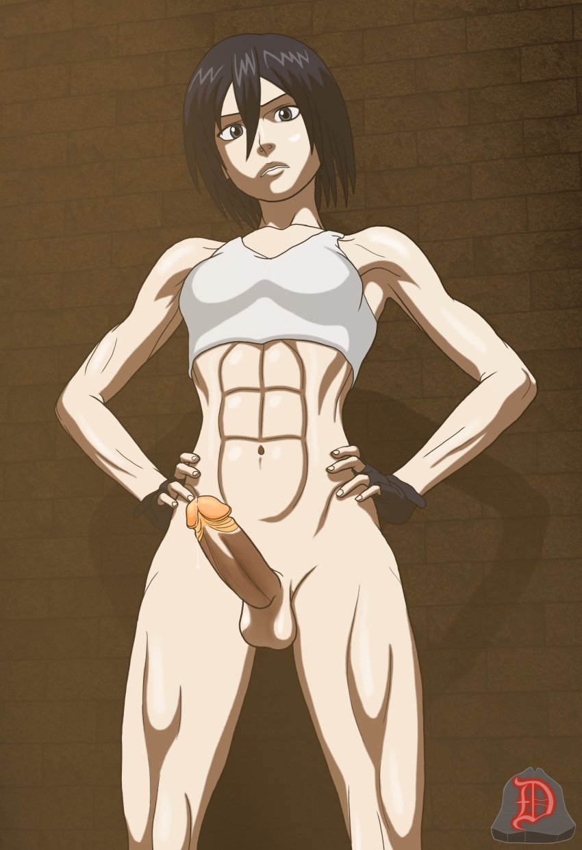 1futa abs athletic athletic_female attack_on_titan balls belly_button big_penis black_eyes breasts clothed clothing d-rock_(artist) erection exhibitionism fit fit_female fully_clothed futa_only futanari human kodansha light-skinned_futanari light_skin looking_at_viewer mappa medium_breasts mikasa_ackerman muscular_arms muscular_female muscular_legs muscular_thighs navel partially_clothed penis precum shingeki_no_kyojin six_pack solo solo_futa standing tomboy wit_studio