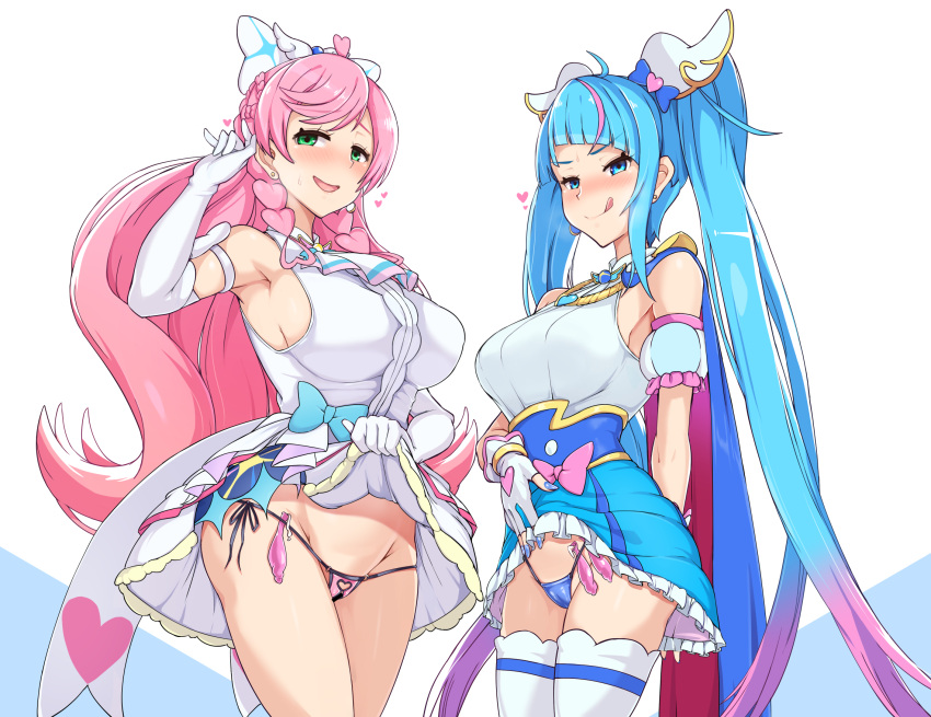 2girls bar_censor blue_eyes blue_hair bow breasts censored closed_mouth clothing condom condom_belt crotchless crotchless_swimsuit cure_prism cure_sky dress dress_lift elbow_gloves female female_only gloves gradient_hair green_eyes hair_ornament heart highres hirogaru_sky!_precure large_breasts licking_lips lifted_by_self long_hair magical_girl medium_breasts multicolored_hair multiple_girls nijigaoka_mashiro open_mouth pink_hair precure pretty_cure pussy smile sora_harewataru stockings streaked_hair swimsuit tongue tongue_out twintails twogie very_long_hair white_gloves