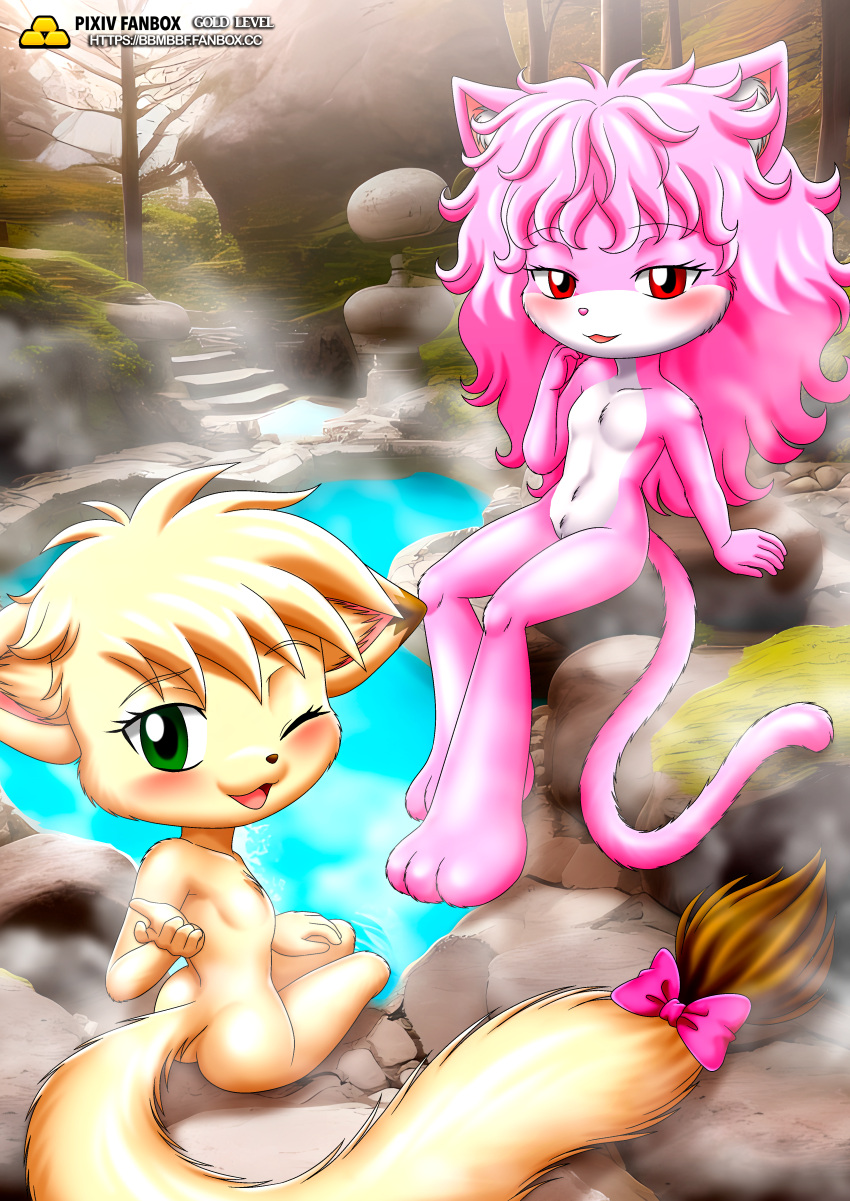 2girls annie_(little_tails) anthro april_(little_tails) ass bbmbbf blush cat female female_only furry gold_level little_tails looking_at_viewer nude one_eye_closed open_mouth palcomix pietros_secret_club pussy tongue