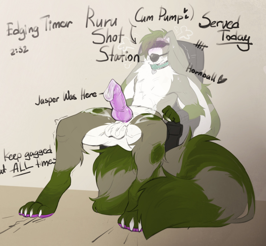 absurd_res anthro arms_tied ball_gag big_ears big_tail bishopi blindfold blush bodily_fluids bound claw_marks collar condom cum english_text erection floppy_ears fluffy fluffy_chest fluffy_tail fur gag genital_fluids genitals green_body hi_res hybrid knot lagomorph leporid lop_ears male mammal pawpads penis procyonid purple_pawpads purple_penis rabbit raccoon rurik_carpenter sexual_barrier_device shaking solo tail text trembling writing_on_wall