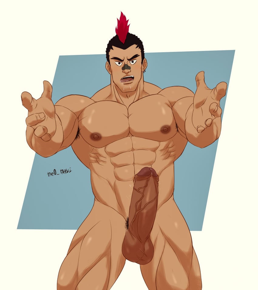 arms_out balls bandaid bandaid_on_nose bara big_balls big_penis boner ear_piercing erection kill_la_kill kinagase_tsumugu male male_only muscles muscular my_little_pogchamp_(meme) ne0_navi nude penis saliva solo solo_male tongue_out