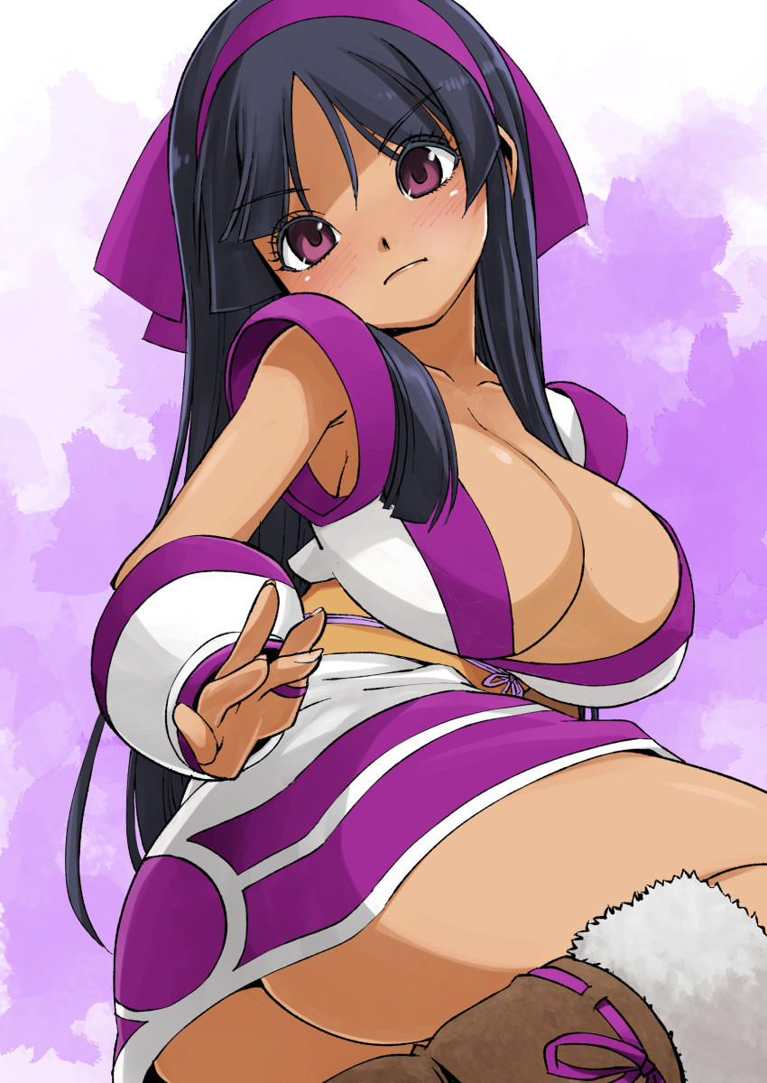 1girls ainu_clothes alternate_breast_size arm_support ass big_ass big_breasts black_hair blush breasts busty cleavage dark-skinned_female dark_skin fat_ass fingerless_gloves gloves hair_ribbon huge_ass large_breasts legs looking_at_viewer muramasa_mikado murasaki_nakoruru no_bra no_panties purple_eyes ribbon samurai_shodown sitting snk solo thick_thighs thighs voluptuous