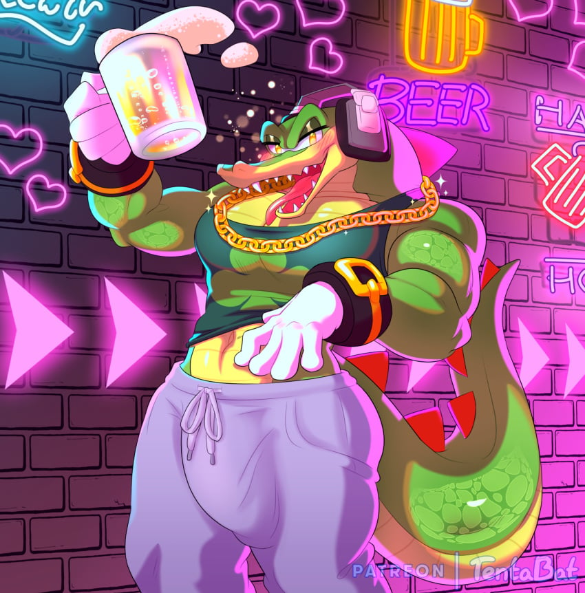 2023 alcohol anthro beer beverage big_bulge blush bottomwear bulge clothed clothing crocodile crocodilian crocodylid drunk green_body hi_res looking_at_viewer male male_only open_mouth reptile scalie sega solo sonic_(series) sonic_the_hedgehog_(series) substance_intoxication sweatpants tentabat tongue tongue_out topwear vector_the_crocodile