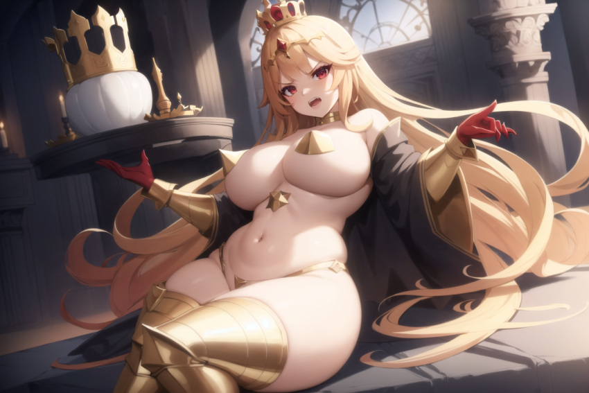 ai_generated angry blonde_hair breasts commanding crown gloves gold_(metal) gold_accessory gold_armor gold_jewelry golden_hair nipple_covers queen red_eyes robe thick thighs yelling