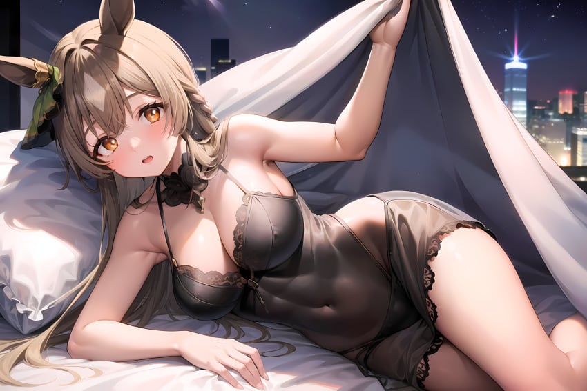 ai_generated animal_ears bedroom choker covers get_in_bed(meme) nightie pale_skin satono_diamond_(umamusume) seductive skyline umamusume umamusume_pretty_derby under_covers