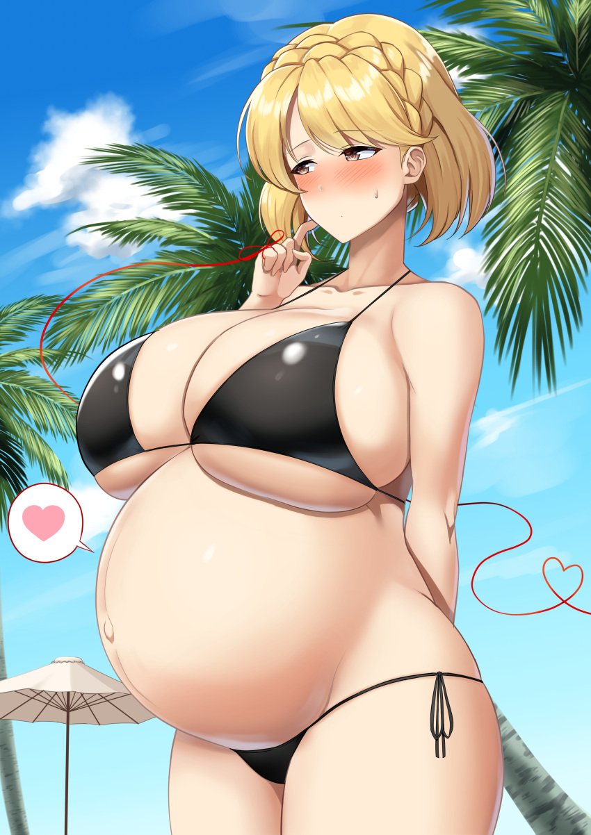 1girls beach big_breasts bikini black_bikini blonde_hair blush braid cleavage crown_braid daien_(daien418) embarrassed female female_only hi_res huge_breasts knit_(pop'n_music) looking_away pop'n_music pregnant ready_to_pop short_hair side-tie_bikini solo spoken_heart sweatdrop swimsuit underboob