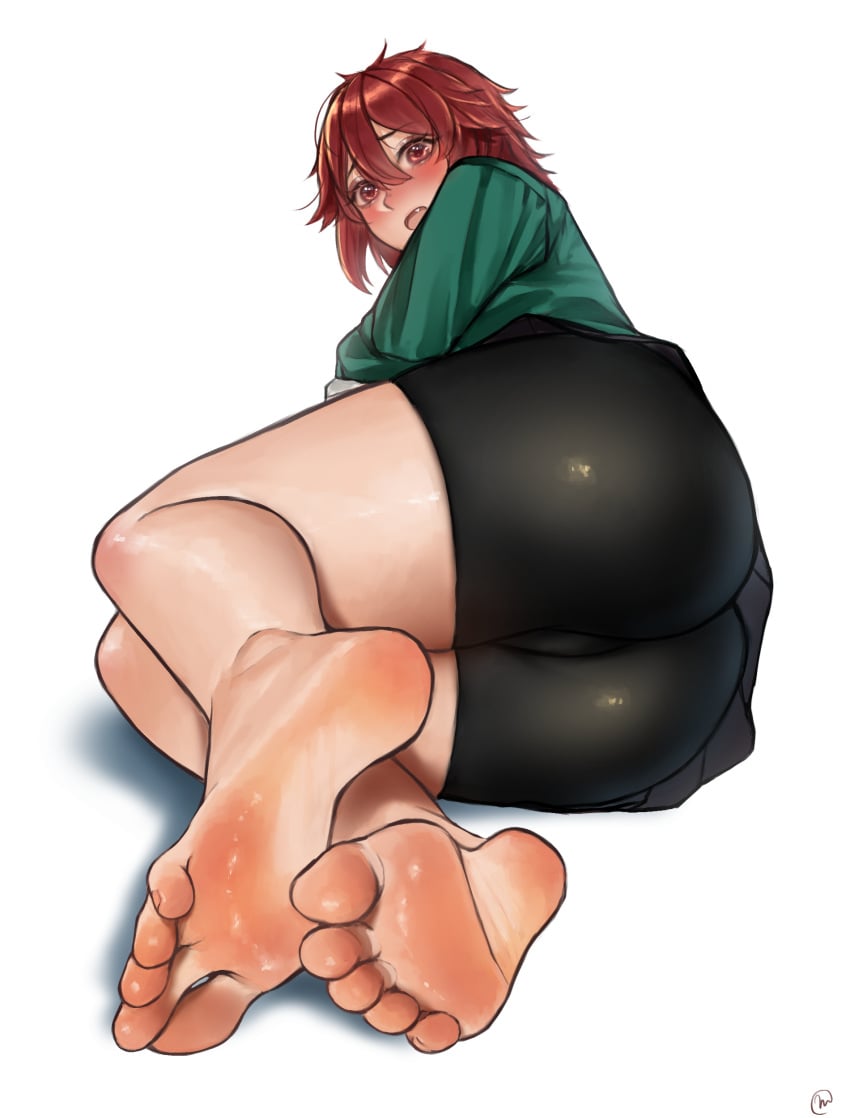 1girls absurdres aizawa_tomo ass barefoot bike_shorts black_shorts blush blushed_soles feet female foot_focus full_body greek_toe highres looking_at_viewer lying meaty_soles medium_hair nikishiko oerba_yun_fang on_side open_mouth red_eyes red_hair shorts soles steam thighs toes tomo-chan_wa_onna_no_ko white_background