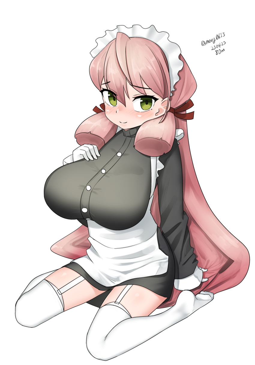 absurdres akashi_(kantai_collection) alternate_costume apron black_shirt black_skirt blunt_tresses breasts collared_shirt dated enmaided female garter_straps gloves green_eyes hair_ribbon highres kantai_collection large_breasts long_hair maid maid_headdress maru_(marg0613) one-hour_drawing_challenge pink_hair ribbon shirt simple_background sitting skirt solo thighhighs tress_ribbon twitter_username wariza white_apron white_background white_gloves white_thighhighs