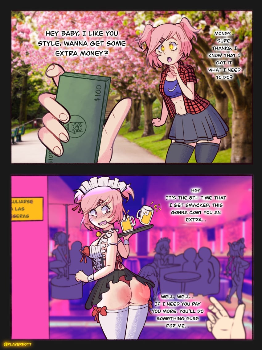 ! >:( 1girls :0 ambiguous_gender beer comic cuo cup_of_beer doki_doki_literature_club dollar dollar_bills duo female maid maid_headdress money natsuki_(doki_doki_literature_club) open_mouth playerrott smacking_ass strip_club suprised text