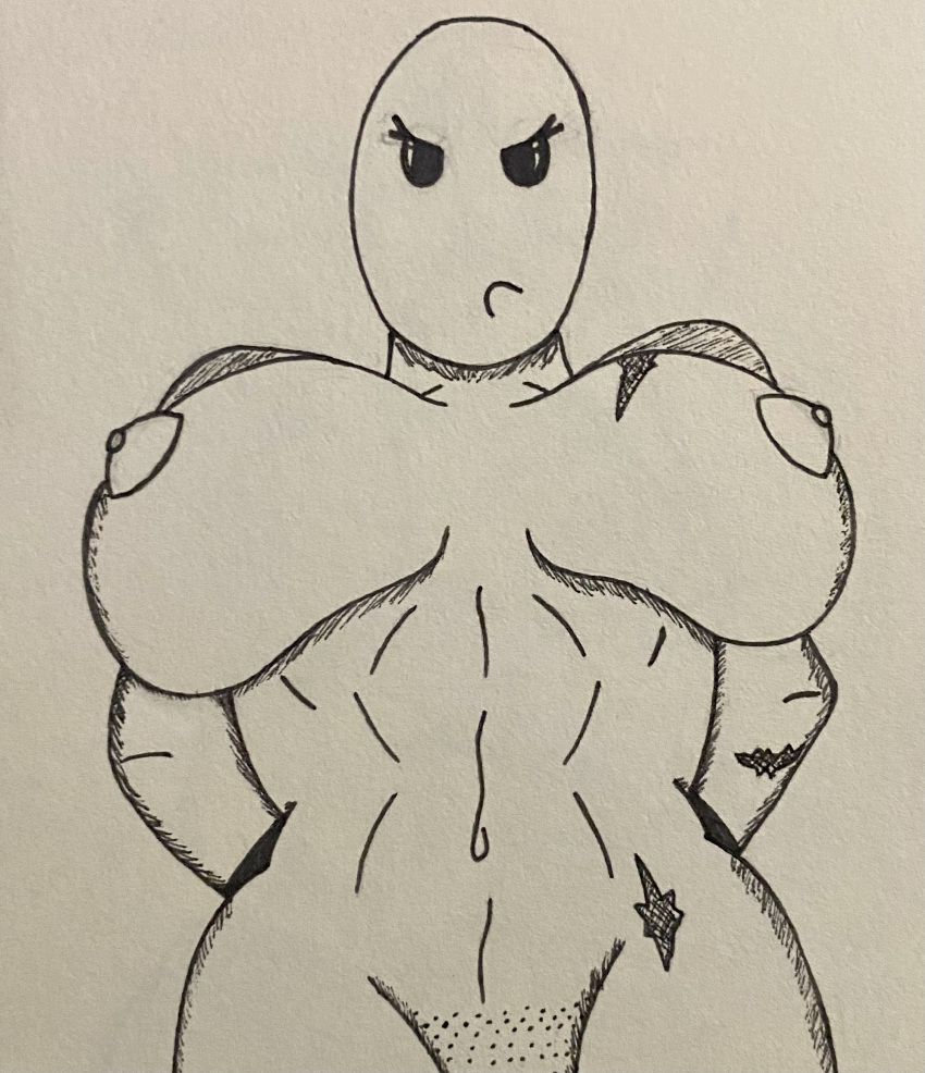 angry angry_face bald bald_female breakfast breasts egg exposed_breasts food huge_breasts muscular muscular_female nearly_nude oc pinup pose posing shredded sole_female