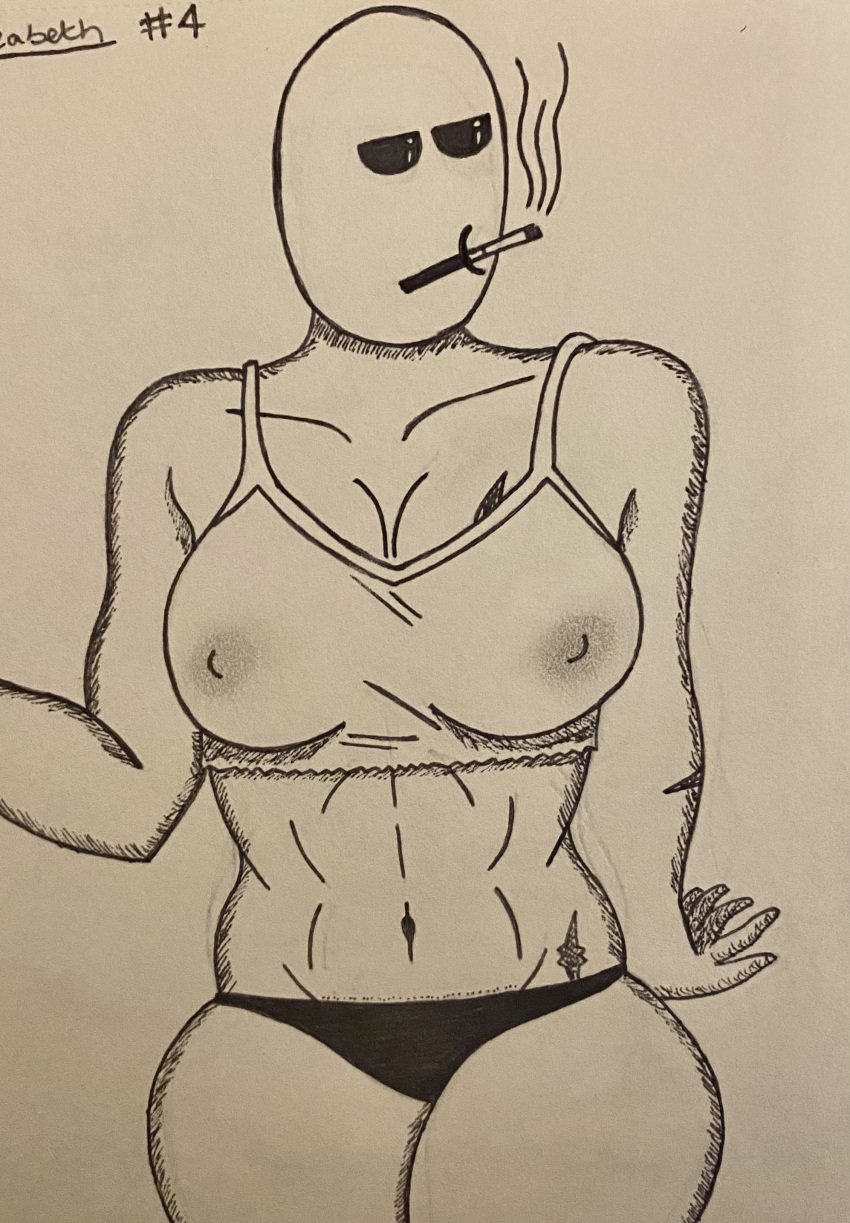 bald bald_female breakfast breasts egg food huge_breasts muscular muscular_female nearly_nude oc pinup pose posing see-through see-through_clothing shredded smoking sole_female tank_top thong