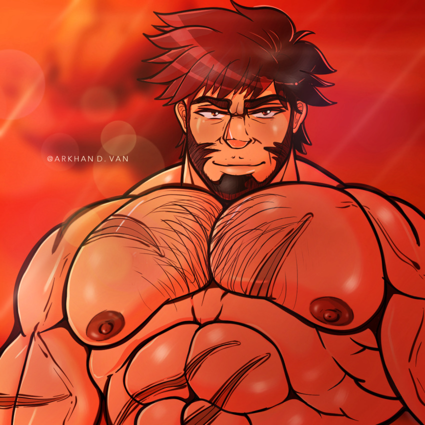 abs arkhandvan bara bara_tits big_chest big_nipples byron_(pokemon) daddy dilf gym_leader hairy_chest hairy_male looking_at_viewer male male_chest male_nipples male_only pecs pectorals pokemon pokemon_dppt purple_hair scars scars_on_arm scars_on_chest tan_body