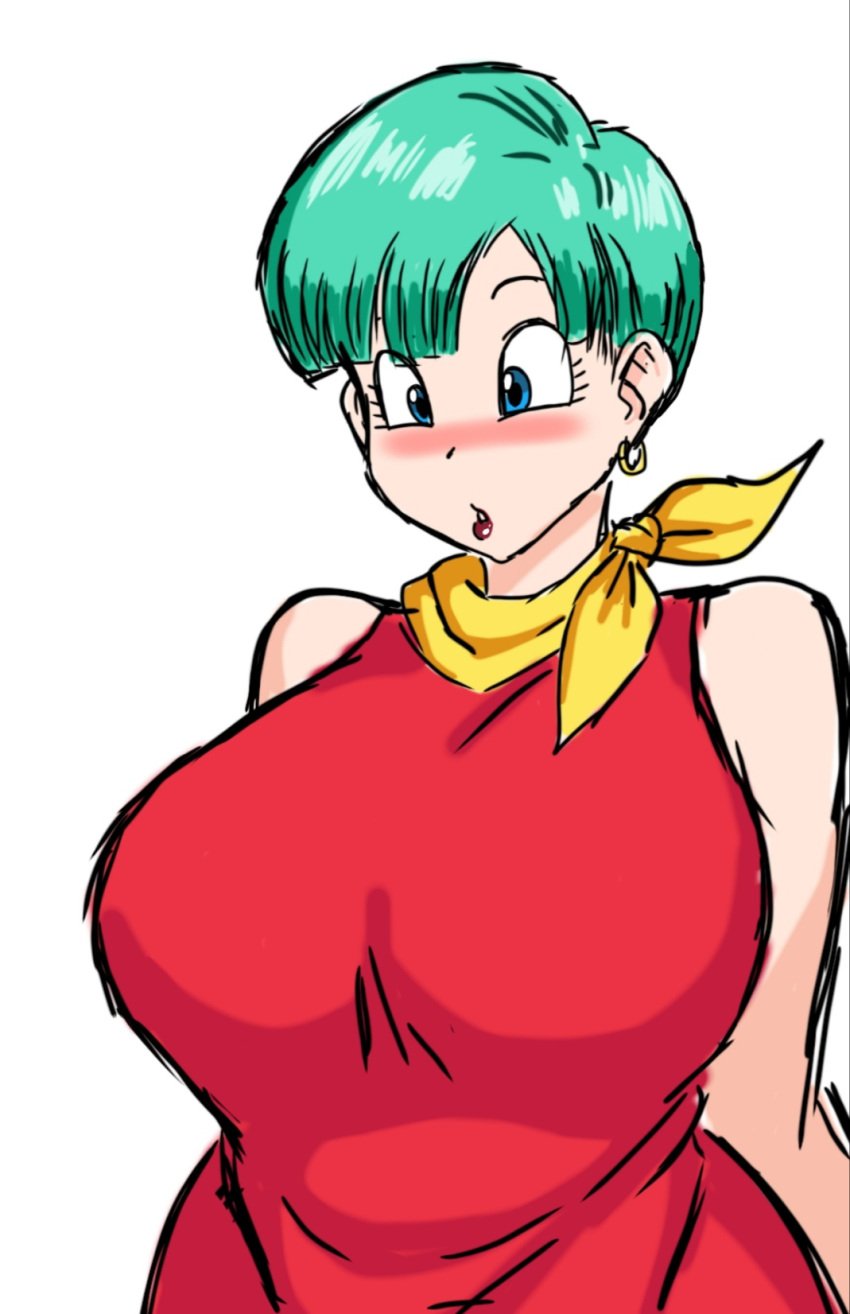 1girls big_breasts blue_eyes blue_eyes_female blush blushing bulma bulma_(dragon_ball) bulma_briefs bulma_briefs_(majin_buu_saga) dragon_ball dragon_ball_z female female_only milf momiji_(artist) solo solo_female toei_animation white_background